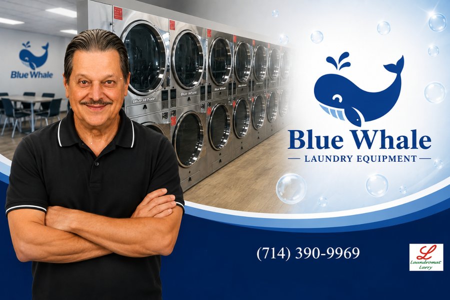 Larry Larsen with a row of Blue Whale commercial dryers